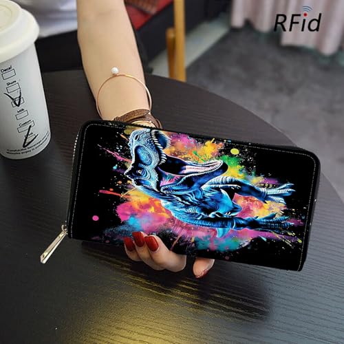 Image of RFID Blocking Leather Wallet for Women - Large Capacity Zip Around Clutch with 8 Card Slots,24 Cash Pockets & Coin Zipper,Watercolor Dinosaur