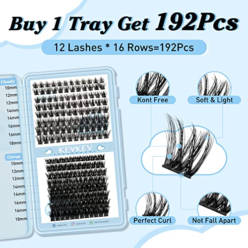 KevKev Lash Clusters 192 Pcs Individual Lashes Cluster Lashes Mixed Styles DIY Lash Extensions Eyelash Clusters Thin Band & Soft Lashes that Look Like Eyelash Extensions(Cloudy & Cirrus, D-10-18mix)