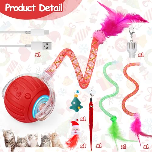 Image of Interactive Cat Toy Ball - Christmas Cat Toys for Indoor Cats with Feather Tails for Chasing, Moving Stimulation Smart Cat Toy for Enrichment, Motion Activated Automatic Rolling Toys to Keep Them Busy