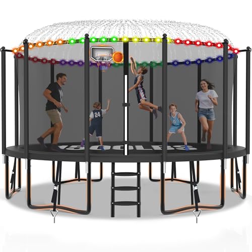 Exal 12 FT Trampoline Outdoor for Kids with Basketball Hoop and Enclosure Net 1500LBS Backyard Heavy Duty Trampoline ASTM CPC Certified Sprinkler Light Non-Slip Socks Wind Stakes Included