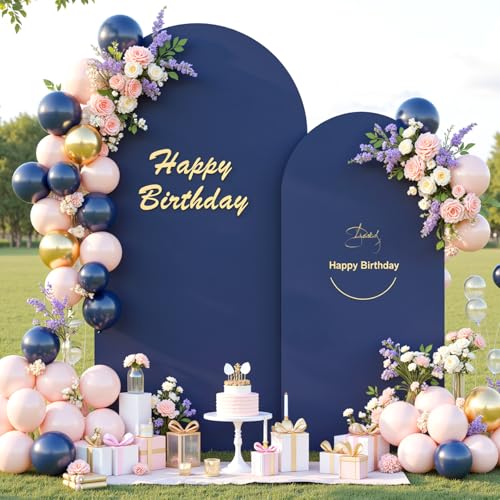 Image of Navy Blue Arch Backdrop Cover Set of 2 Spandex 7.2 and 6ft Arch Covers Stretchy Backdrop Wedding Balloon Arch Stand Covers for Birthday Party Baby Shower Bridal Shower Banquet Photo Arches Background