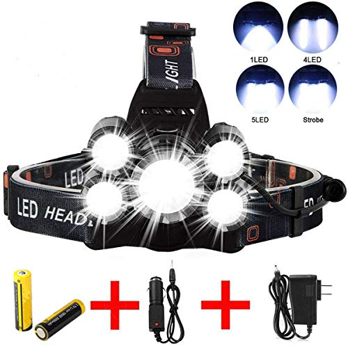 Headlamp Flashlight, Ultra Bright LED Work Head lamp Bright 6000 Lumen Head Lamp, 5 LED Work Headlight USB Rechargeable Waterproof Zoomable Flashlight for Running Camping Fishing Outdoor Work (Black)