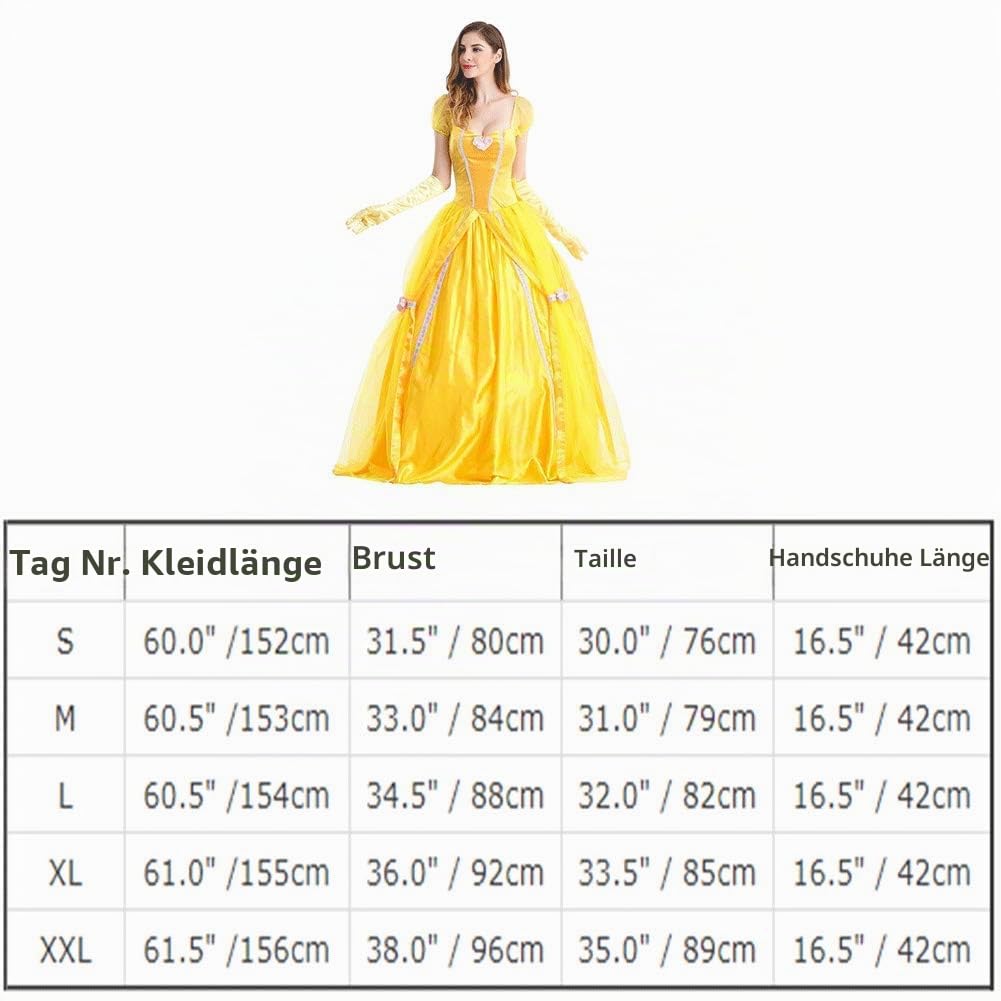 IWEMEK Damen Belle Kleid Erwachsene Halloween Fasching Karneval Kostüm Festlich Party Prinzessin Kleid Gelbes Maxikleid mit Handschuhe Märchen Cosplay Verkleidung 2tlg Set Outfits