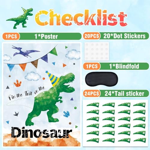 Image of WERNNSAI Pin the Tail on the Dinosaur Party Games for Kids Boys | T-Rex Dinosaur Birthday Decorations,Dino Party Games Room Wall Decor,28 inch x 21 inch Poster with 24 Stickers and Blindfold