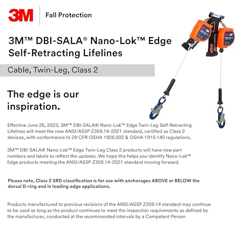Image of 3M DBI-SALA Nano-Lok Edge Twin-Leg Personal Self-Retracting Lifeline 3500276, Cable, Steel Rebar Lock Hook, 8 ft. Class 2, ANSI
