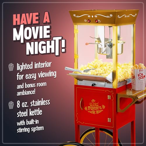 Nostalgia Popcorn Maker Machine - Professional Cart With 8 Oz Kettle Makes Up to 32 Cups - Vintage Popcorn Machine Movie Theater Style - Red & Gold