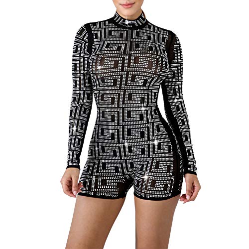 PORRCEY Sexy Woman hot Diamond Process Jumpsuit Tight Long Sleeve Jumpsuit Party Club Night (Small, Black 3)