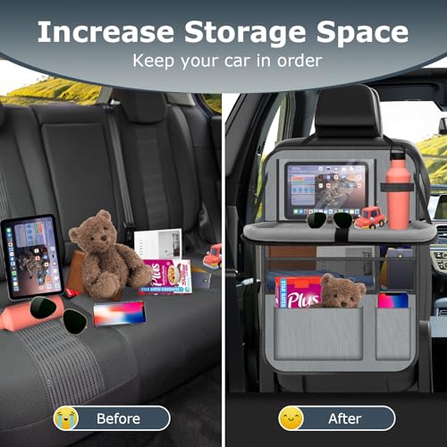 Image of Car Backseat Organizer with table Tray, 9 Storage Pockets Backseat Car Organizer with Tablet Holder, Back seat Organizer for Kids Road Trip Essentials Travel (1Pack)