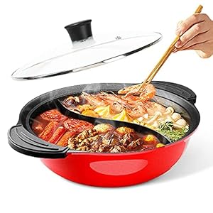 Hot Pot with Divider for Induction Cooker Dual Sided Soup Cookware Two-flavor Chinese Shabu Shabu Pot for Home Party Family Gathering, 4.5 Quart (Red)