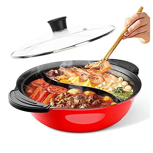 Hot Pot with Divider for Induction Cooker Dual Sided Soup Cookware Two-flavor Chinese Shabu Shabu Pot for Home Party Family Gathering, 4.5 Quart (Red)