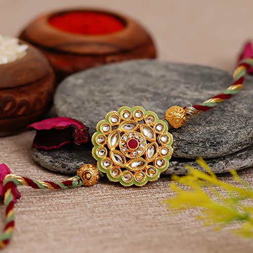 Image of eCraftIndia Green Yellow Red Beautiful Flower Kundan Designer Rakhi for Brother | Raksha Bandhan Rakhi for Bhai Bhaiya