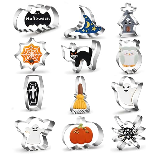 ARYIMYDP 12 Peças cortadores bolachas Halloween aço inoxidável, para sanduíches/frutas/sobremesas, design seguro para cozinha criativa, máquina de lavar louças