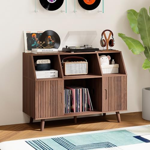 TinFrey Mueble para Tocadiscos y Vinilos en Madera, Armario y Estantería Grande con Capacidad hasta 350 Vinilos, Soporte Tocadiscos Estilo Vintage Mid-Century para Salón o Dormitorio