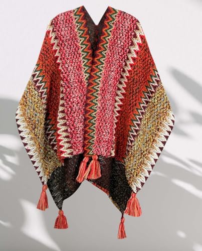 BIVENENT Shawl Wraps for Women Boho Knit Poncho Ladies Rainbow Casual Loose Striped Fringe Blanket Scarf Coat Wedding Gift3
