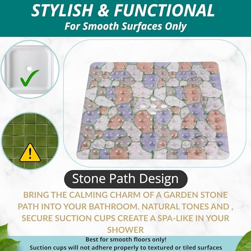 Image of ENKOSI Square Shower Mat 21x21 inch - Anti Slip Shower Stall Floor Mat - Non Slip Shower Mats with Strong Secure Suction Cups and Drain Holes in Middle (21x21 Stone Path)