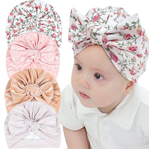 4PCS Baby Turban Hats, Flower Pattern New Born Baby Hats Hospital Hat Beanie Infant Bow Knot Turban for Toddler Girls