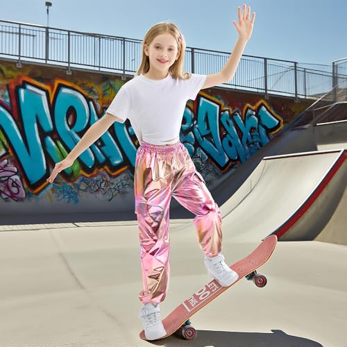 Image of Rolanko Girls Shiny Metallic Cargo Pants, Sparkle Jogger Pants for Girls Hip Hop Dance Streetwear Cargo Trousers 6-15 Years
