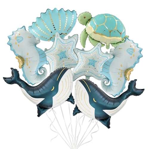 CGIYYAR 8PCS Ocean Theme Balloons for Boys Birthday Under the Sea Decorations with Whale Sea Turtle Seahorse Starfish and Shell Foil Balloon Set for Baby Shower Beach Summer Party Supplies