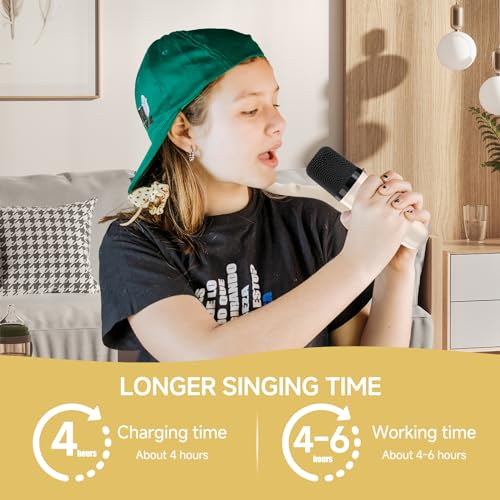 Mini Karaoke Machine for Kids and Adults,Portable Bluetooth Karaoke Speaker with 2 Wireless Microphones, Kids Karaoke Machine for Home Party,Birthday Gifts for Girls Boys（Beige） — view 6