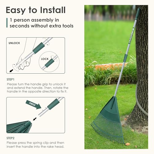 ORIENTOOLS Tuinbladhark, verstelbare lichtgewicht stalen handgreep, comfortabele handgreep, plastic kop, polystruikhark, 26 tinten, 110 tot 168 cm (zilveren handvat) - Afbeelding 6