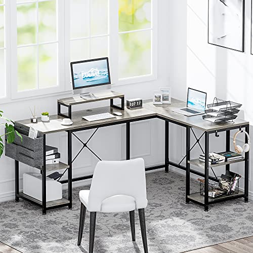 Lulive L Shaped Desk, 95" Reversible Corner Computer Desk With Shelves, Monitor Stand, Storage Bag, Hooks, 2 Person Long Desk For Home Office Writing Study Workstation (Grey) #TOP6