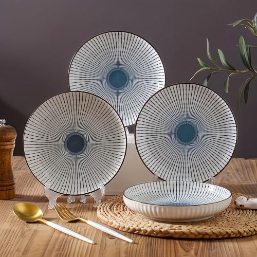 Image of Japanese Style 8-Inch Ceramic Round Dinner Plate - Microwave & Dishwasher Safe, 20.4x4.3cm Porcelain Dish for Seafood, Appetizers & Snacks, Spring (4 Piece)