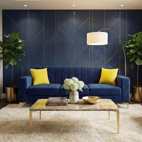 Image of FURNY Alona 3 Seater Fabric Sofa Set (Dark Blue) Premium Velvet Finish Durable & Comfortable| Ideal for Living Room, Offices