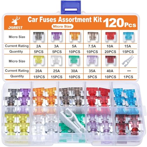 JOREST 120Pcs Micro Fuses, Low Profile Mini Fuse Kit, Micro Fuses Assortment Kit for Car/RV/Truck/Motor (2Amp 3A 5A 7.5A 10A 15A 20A 25A 30A 35A 40A) +1Blade Automotive Fuse Puller