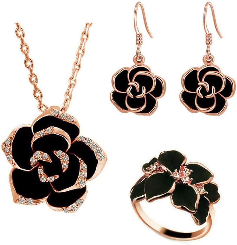 Rose Jewellery Sets for Women Camellia Flower Necklace and Earrings Sets Wedding Jewellery Sets for Brides Necklace Pendant Earrings Bracelet Set Costume Jewellery