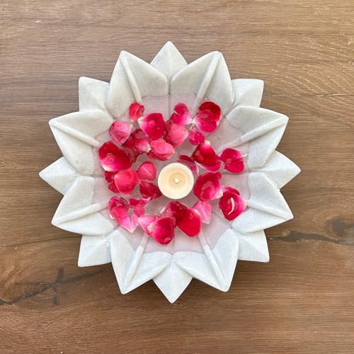 Image of Marble Urli Bowl for Decoration | Big Potpourri Decorative Bowls in Home decor | Large White Floating Flower Plates of Stone | Small Shape puja Item | (6 inch, Lotus Crest)
