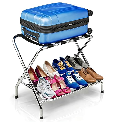 Image of Multipurpose Portable Foldable Stainless Steel Luggage Rack with Shoe Storage Shelf, Heavy-Duty Mirror Finish Frame, Black Nylon Straps, Ideal for Home, Hotel & Travel Use