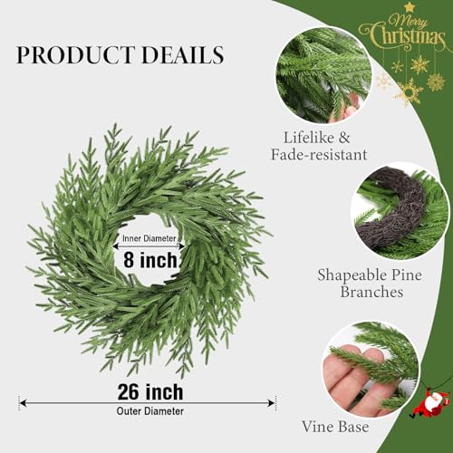 Image of 26 inch Artificial Spring Summer Christmas Greenery Wreath for Front Door,Real Touch Artificial Norfork Pine Wreath for Outoor Inooor Porch,Window,Wall,Xmas, Year Round Home Decor