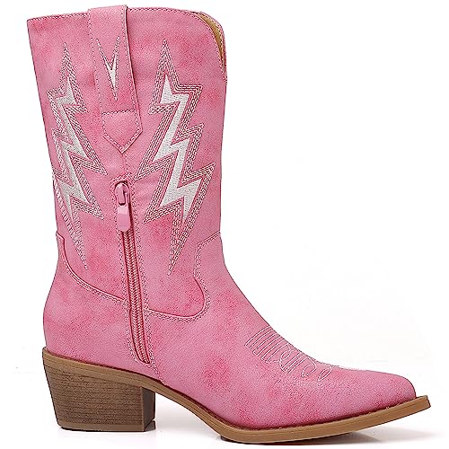 Image of GLOBALWIN Women's Square Toe Cowgirl Boots Classic Mid-Calf Cowboy Boots With Embroidered Stitching Low Heel Comfortable Western Boots For Country Outfits