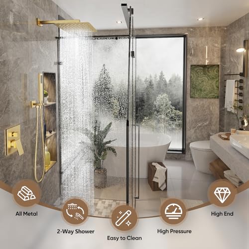 Image of Gabrylly Shower System Gold, High Pressure 12 inch Rainfall Shower heads with Handheld Spray Combo, Modern Bathroom Shower Fixtures, Complete Shower Faucet Set with Valve and Diverter, Brushed Gold