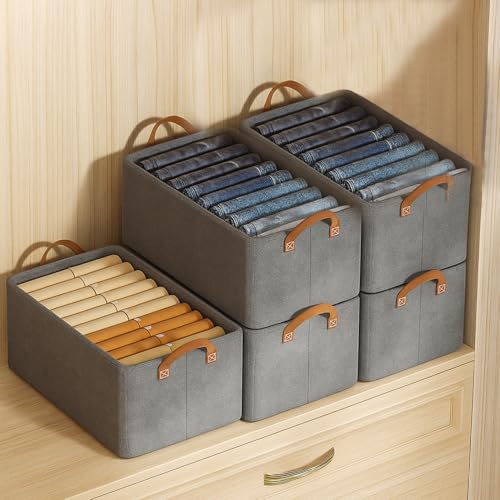 Image of JD FRESH 5 Pcs of Large Foldable Storage Box and Organiser with Metal Frame /Woven Fabric Clothes Organiser with Handle /Wardrobe Organizer for Storage /Almirah Organizer for Shirts /Jeans /Sweater (Grey)