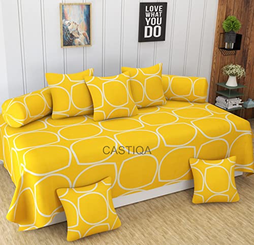 Image of Microfiber Fabric Stripes Diwan Blend Set of Bedsheet 5 Cushion Covers and 2 Bolster Covers (Gold, 60X90 Inch, 16x16 Inch, 18x28 Inch) - 8pcs