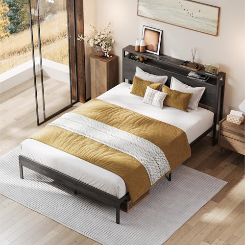 Image of LIKIMIO Full Bed Frame with Headboard, Dark Wood Camas Full with Strong Supports, Sturdy, Noise-Free, No Box Spring Needed, Charcoal Grey
