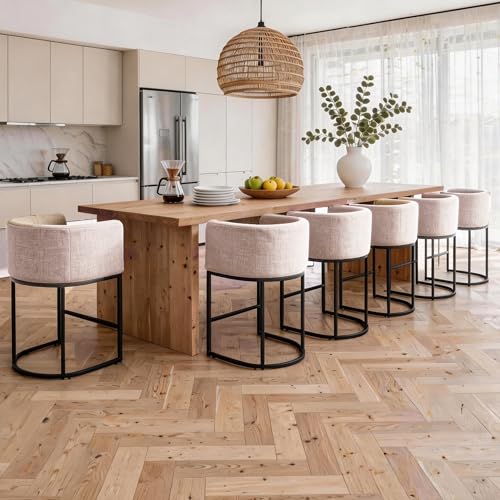Image of 26 inch Counter Height Bar Stools Set of 2, Linen Fabric Upholstered Barrel Chairs with Back and Arms, Metal Frame Kitchen Island Stools with Footrest, Linen Fabric