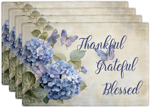 Taimeng Blue Hydrangea Butterfly Placemats Set of 4, Flowers Table Mats Washable Place Mats for Farmhouse Home Party Kitchen Dining Indoor Outdoor Restaurants 12x18 Inch
