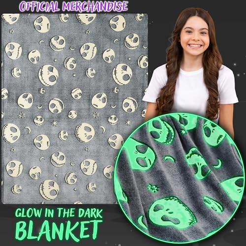 Image of Disney The Nightmare Before Christmas Glow in the Dark Throw Blanket 51x59 inch for Kids Teens Adults, Soft Fleece Throw Blanket Sofa Bed, Gifts for Kids (Grey TNBC)