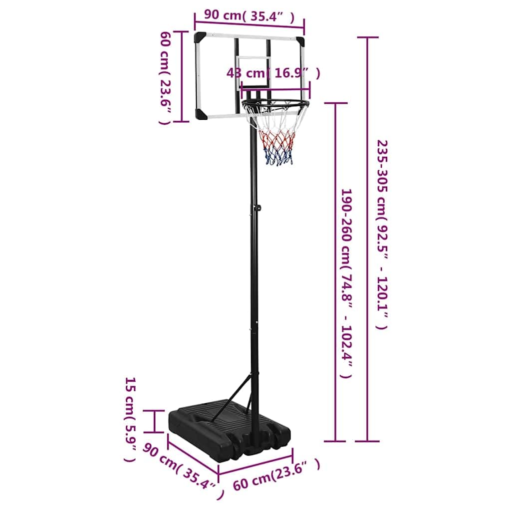 Supporto da basket trasparente in policarbonato, regolabile in altezza, 235-305 cm, con canestro, rete e tavola, per interni ed esterni, per allenamento, giochi, tempo libero in cortile