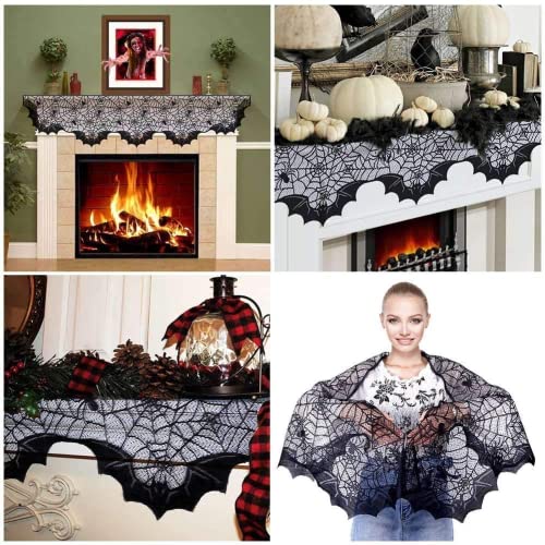 Funisfun Halloween Fall Thanksgiving Lace Fireplace Mantle Scarf Cover, Cloth Runner Door Window Curtain Kitchen Decorations Gothic Festival Party Decor (Bat, Bat, 20*80") #TOP4