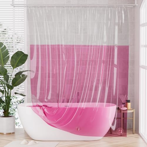 AmazerBath 100% EVA Shower Curtain Liner, 72 x 72 Inches Heavy Duty Shower Curtain and Liner 2-in-1 with 3 Clear Stones and 12 Brass Grommets, Color Block Soft Shower Liner - Clear & Bright Pink