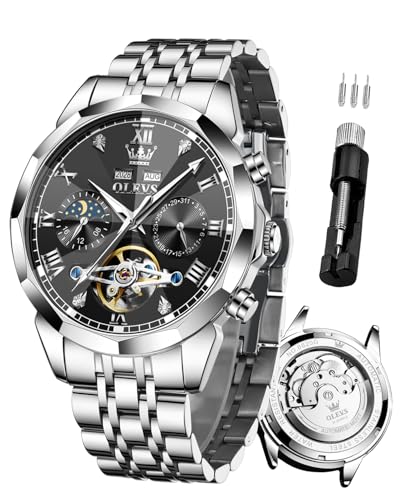 Image of OLEVS Automatic Watch for Men Original Luxury Diamond Self Winding Multifunctional Men's Watch Stainless Steel Waterproof Moon Phase Watches