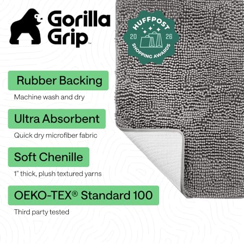 GORILLA GRIP Bath Rug Mat 30x20, Thick Soft Absorbent Chenille, Quick Dry Microfiber Mats, Rubber Backing Washable Shower Floor Rugs, US Designed