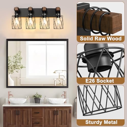 Image of IZORRO Farmhouse Bathroom Vanity Light, 4-Light Wood Bathroom Light Fixtures Over Mirror, Black Industrial Vanity Lights with Metal Shade, Rustic Restroom Lighting Fixtures