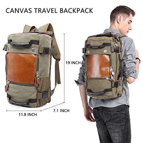 kaka travel Laptop backpack,canvas rucksack duffel bag laptop weekender travel carry on bags for men,mens canvas rucksack laptop backpack fit 15.6'' Notebook with hidden shoulder strap ,Green