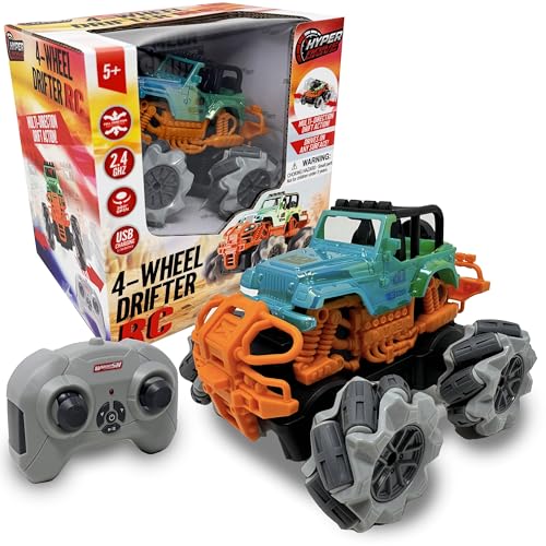 Hyper Drive RC Drifter 4-Wheel Drive 1:24 Scale Remote Control Car with Sideways Crab Movement, USB Rechargeable Battery, Metallic Finish