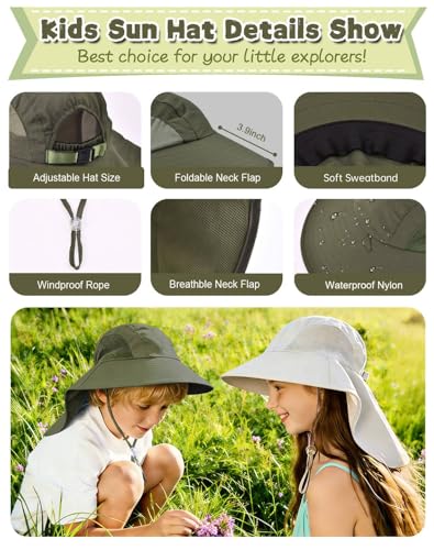 Image of Rosoz Kids Sun Hat with Neck Flap UV Protection Summer Toddler Beach Hat Unisex Ponytail Hat Wide Brim Fishing Hat