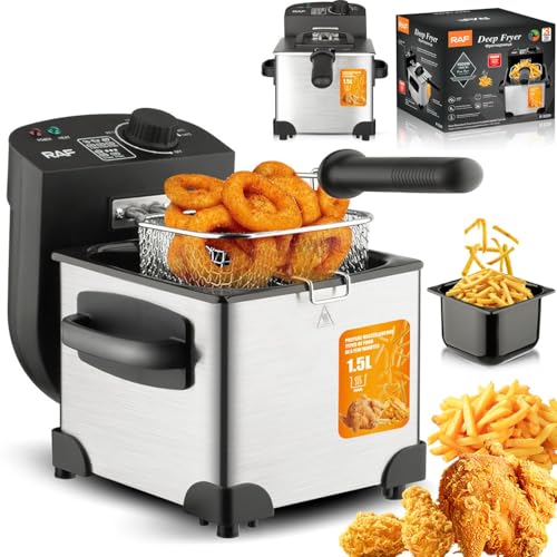 Freidora eléctrica de 2000 W, freidora pequeña de Acero Inoxidable de 1,5 L con Cesta y Tapa, Temperatura Ajustable de 0 °C a 190 °C y protección de Seguridad. Ideal para Patatas Fritas